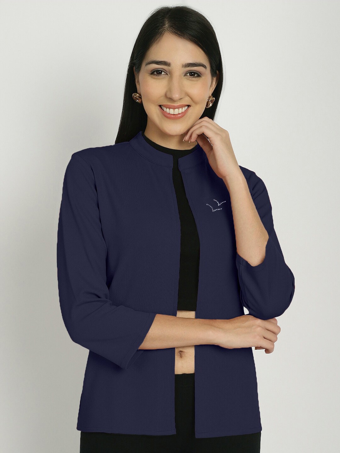 

urSense Mandarin Collar Open Front Shrug, Navy blue