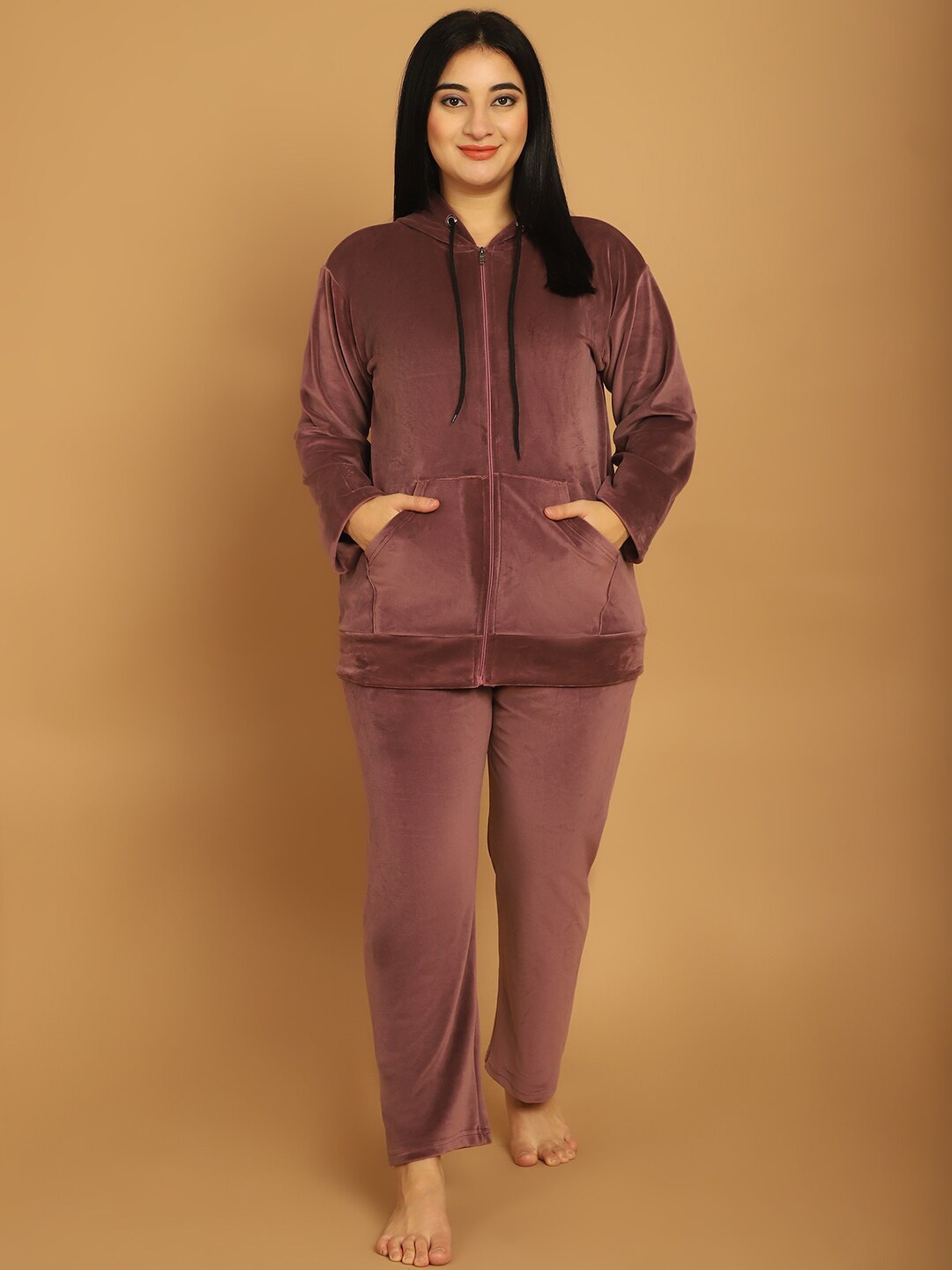 

TAG 7 Hooded Long Sleeves Velvet Night suit, Purple