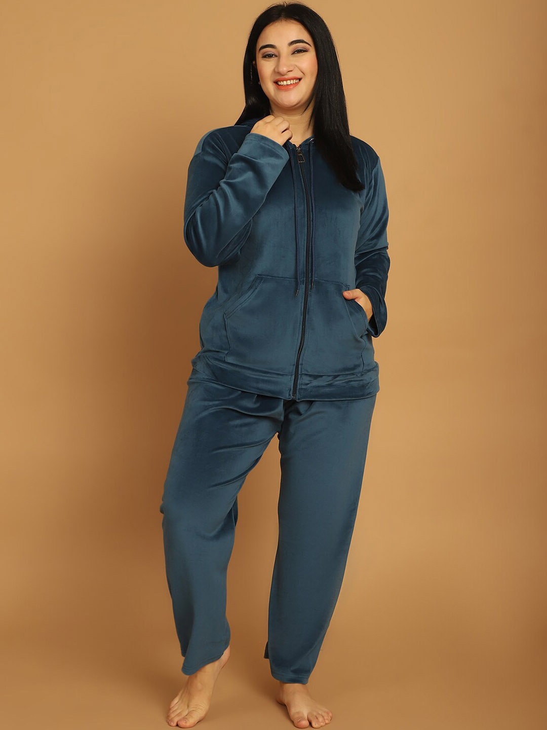 

TAG 7 Hooded Neck Long Sleeve Velvet Sweatshirt With Pyjamas, Blue