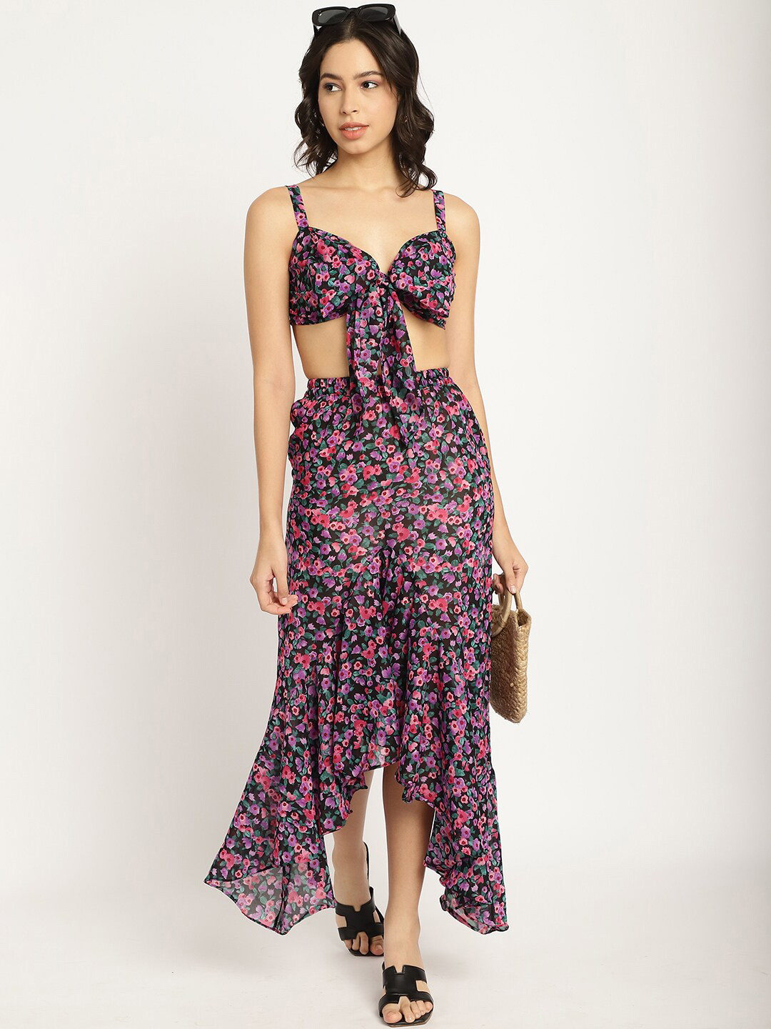 

EROTISSCH Floral Printed Top With Skirt Co-Ords Set, Purple