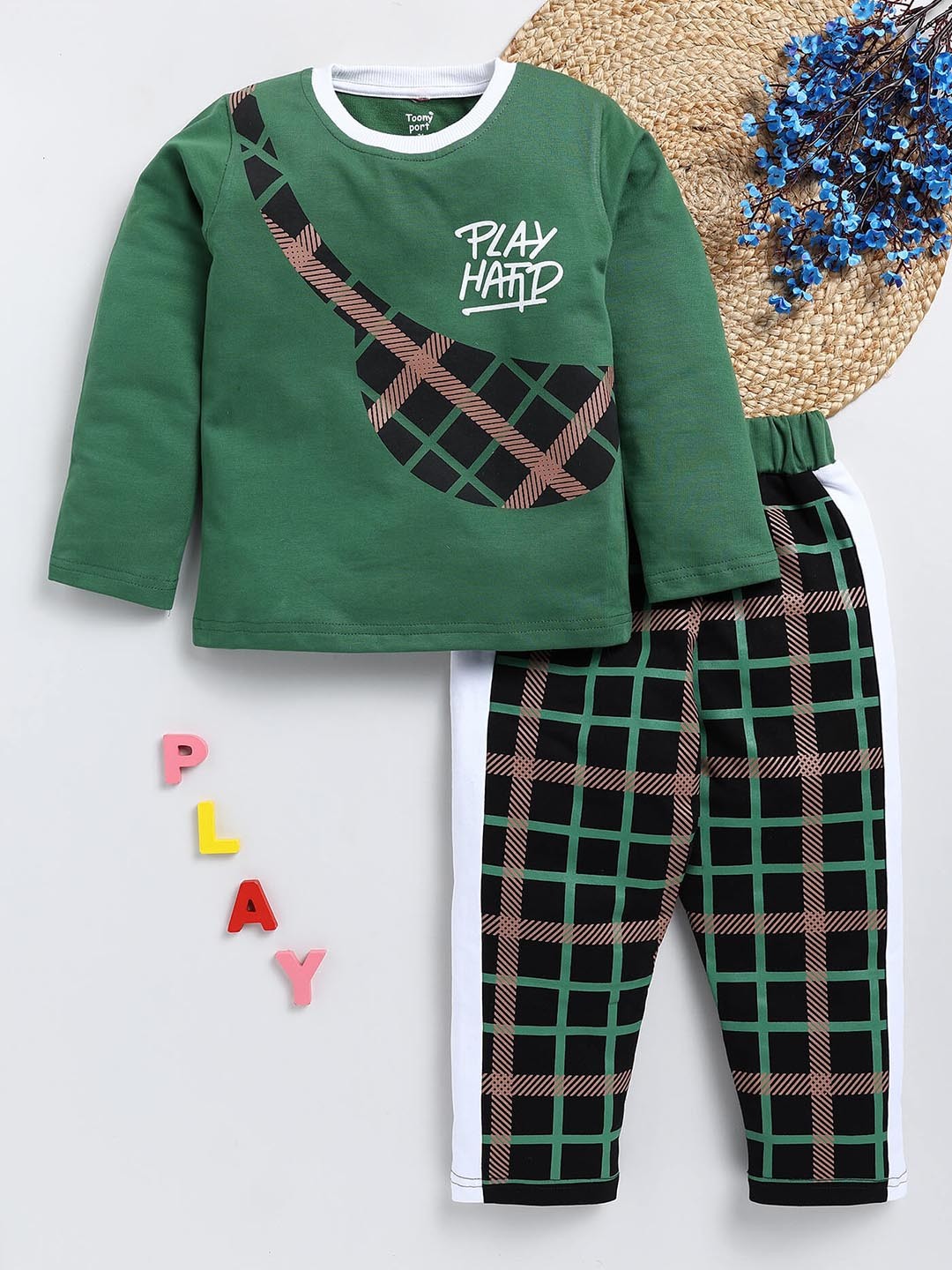 

Toonyport Boys Printed Pure Cotton T-shirt With Trousers, Green