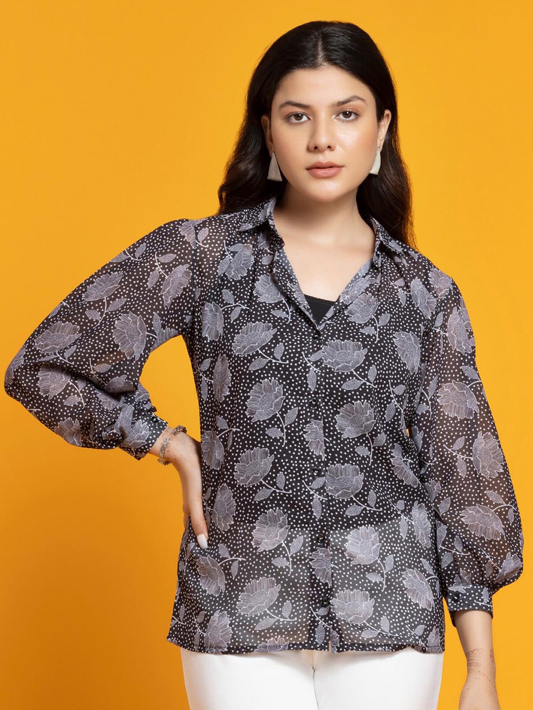 

OCTICS Floral Print Shirt Collar Cuff Sleeve Georgette Shirt Style Top, Black