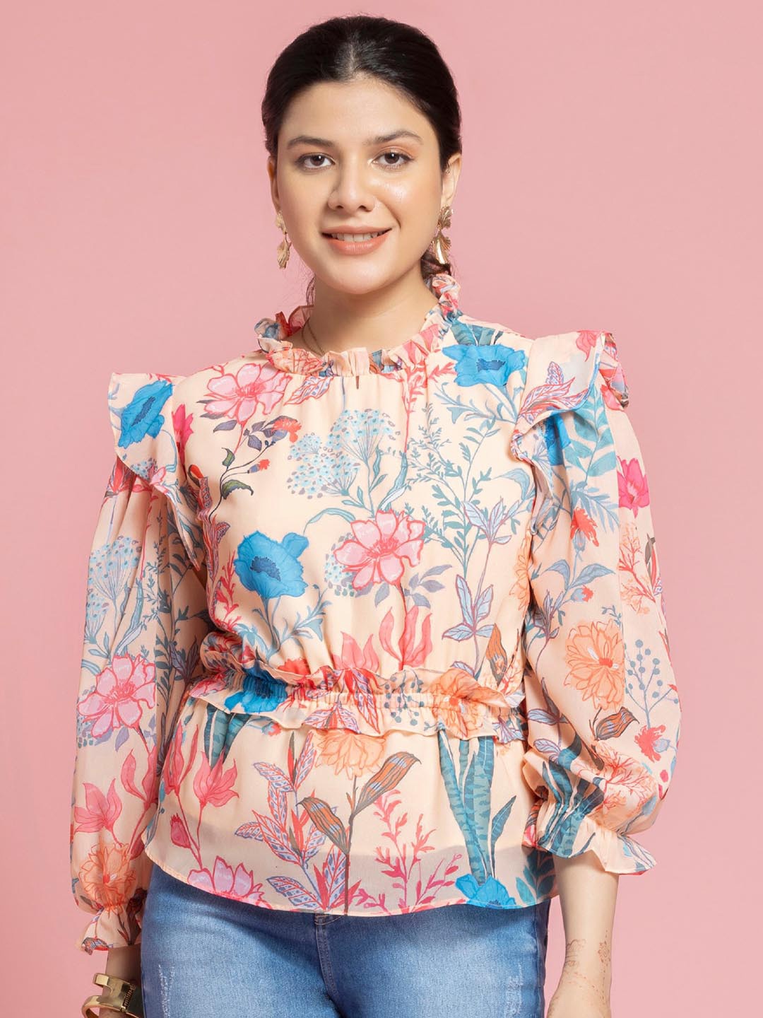 

OCTICS Floral Printed Peplum Top, Cream
