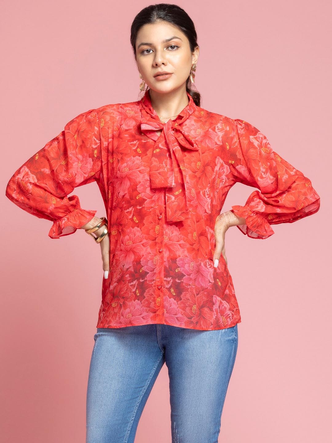 

OCTICS Floral Printed Tie-Up Neck Cuffed Sleeve Top, Red