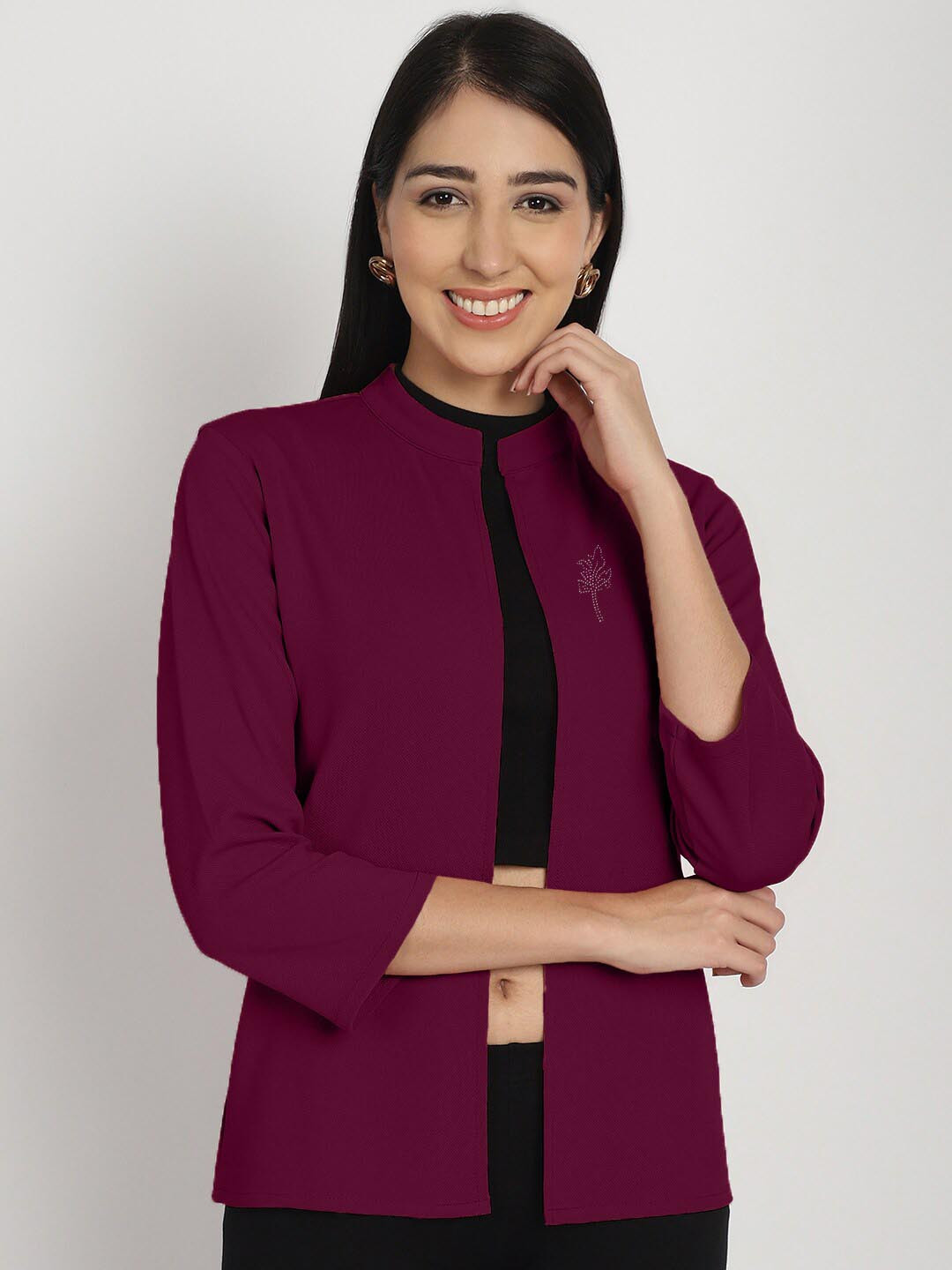 

urSense Three-Quarter Sleeves Open Front Shrug, Purple