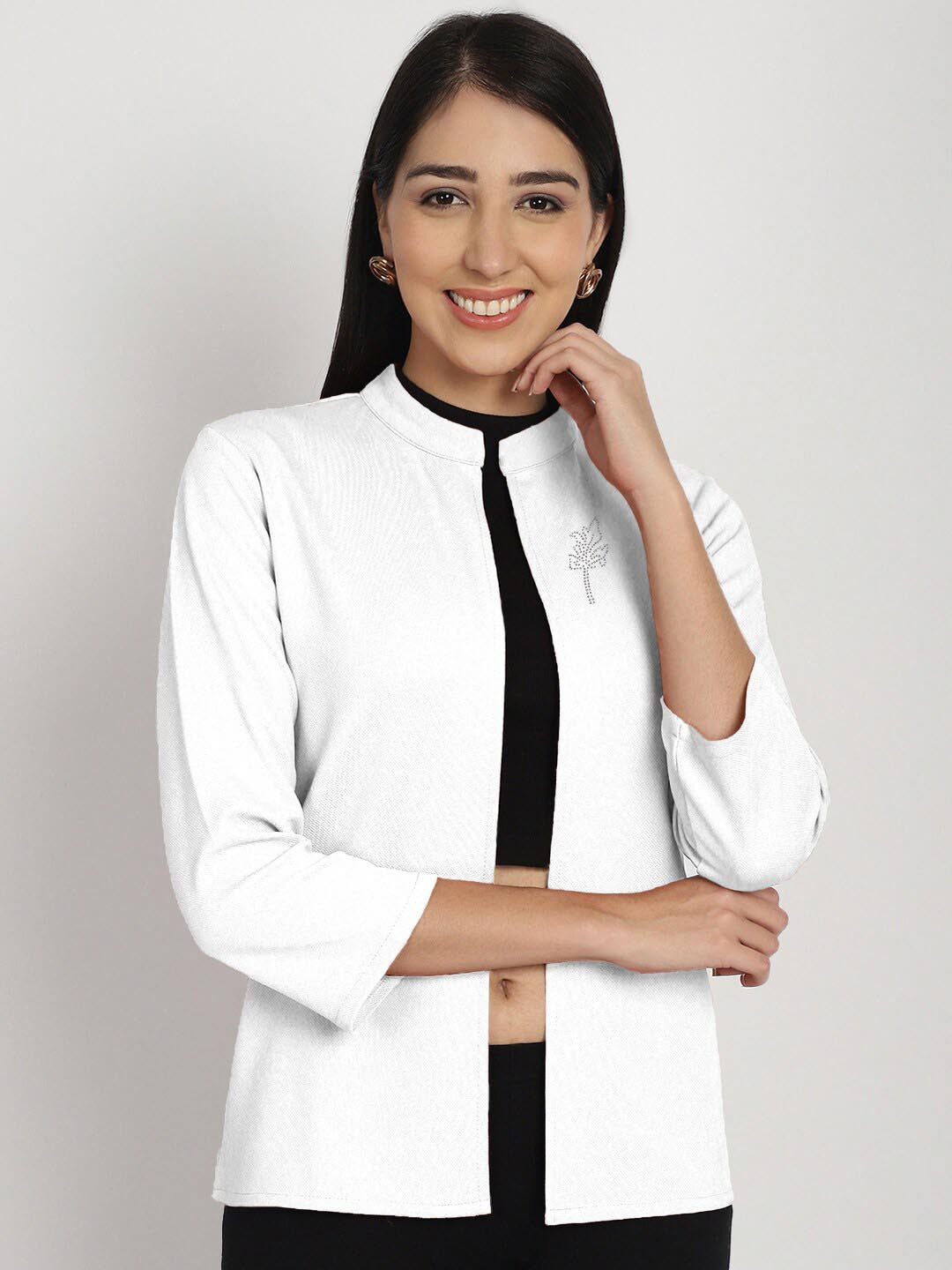 

urSense Mandarin Collar Open Front Shrug, White