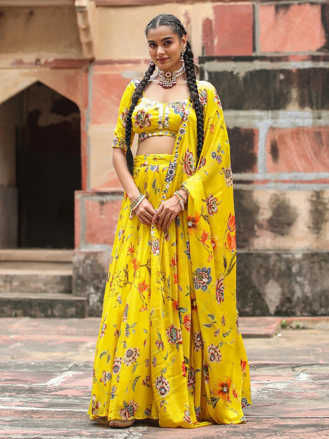 

SCAKHI Printed Mirror Work Ready to Wear Lehenga & Blouse With Dupatta, Yellow