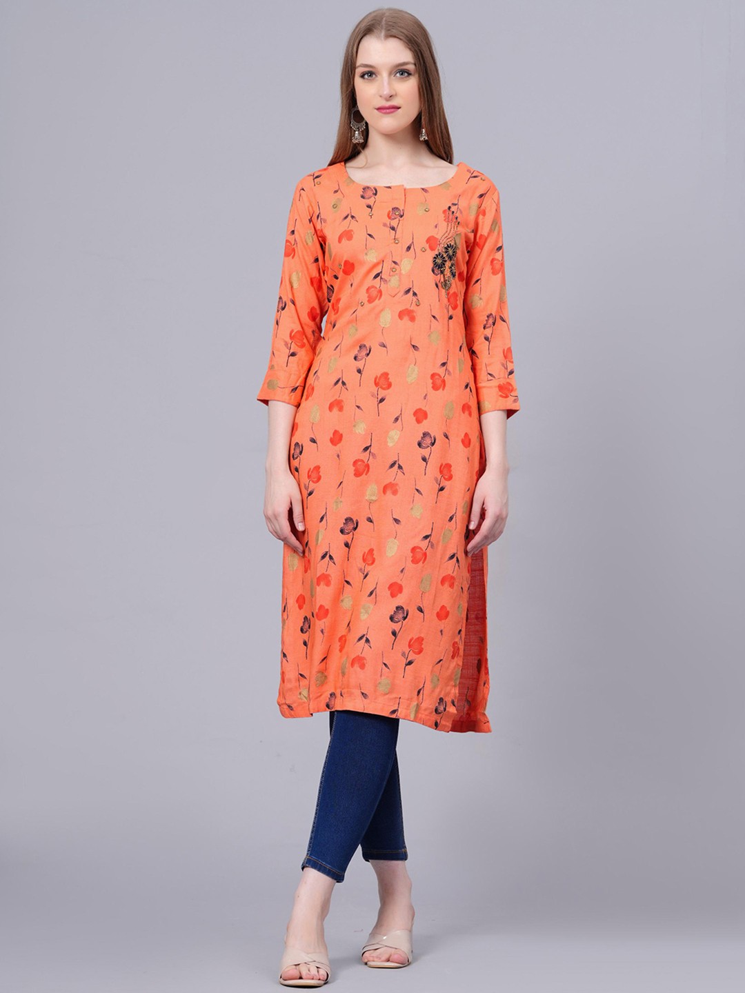 

JC4U Floral Printed Round Neck Straight Kurta, Pink