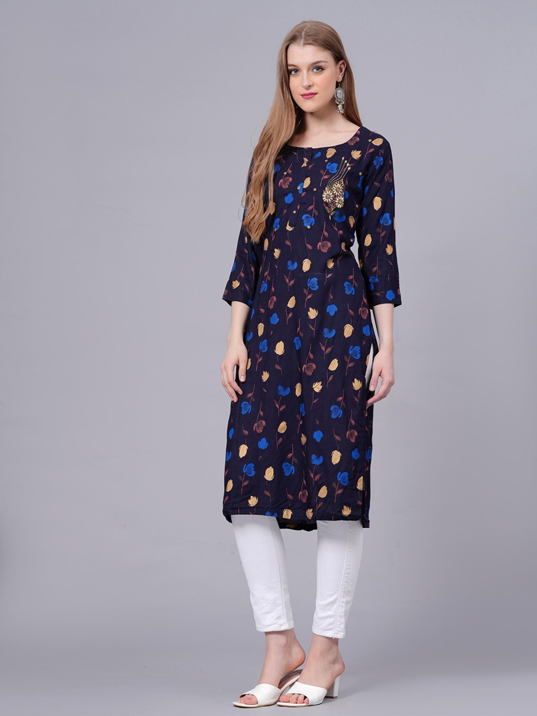 

JC4U Floral Printed Round Neck Straight Kurta, Navy blue