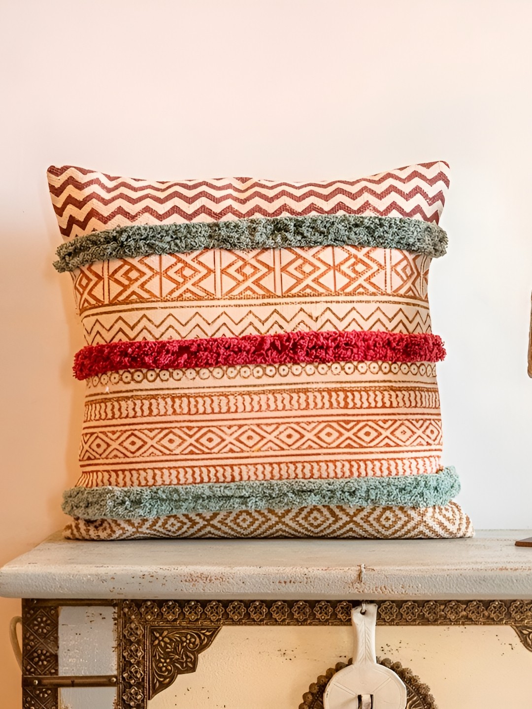 

ABSTRACT INDIA Beige Brown Geometric Hand Block Printed Cotton Square Cushion Cover