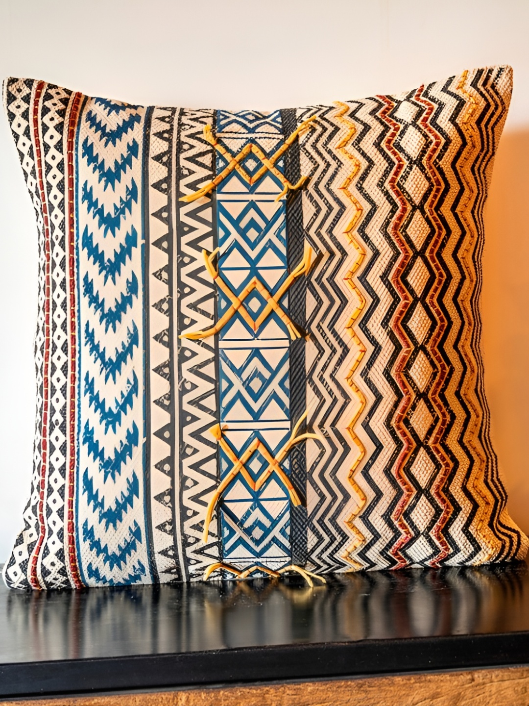 

ABSTRACT INDIA Beige Blue Geometric Hand Block Printed Cotton Square Cushion Cover