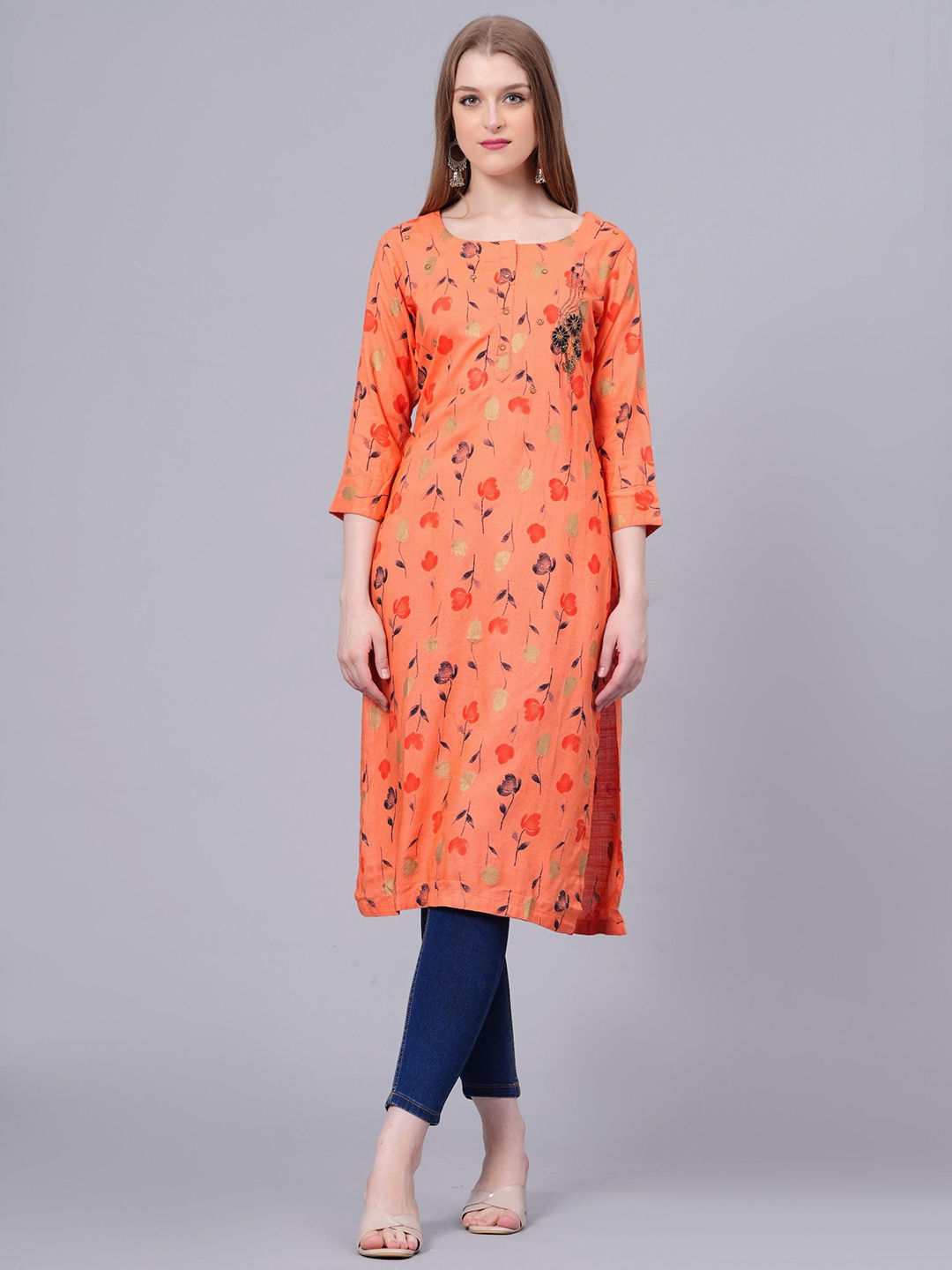 

HIGHLIGHT FASHION EXPORT Floral Printed Round Neck Straight Kurta, Pink