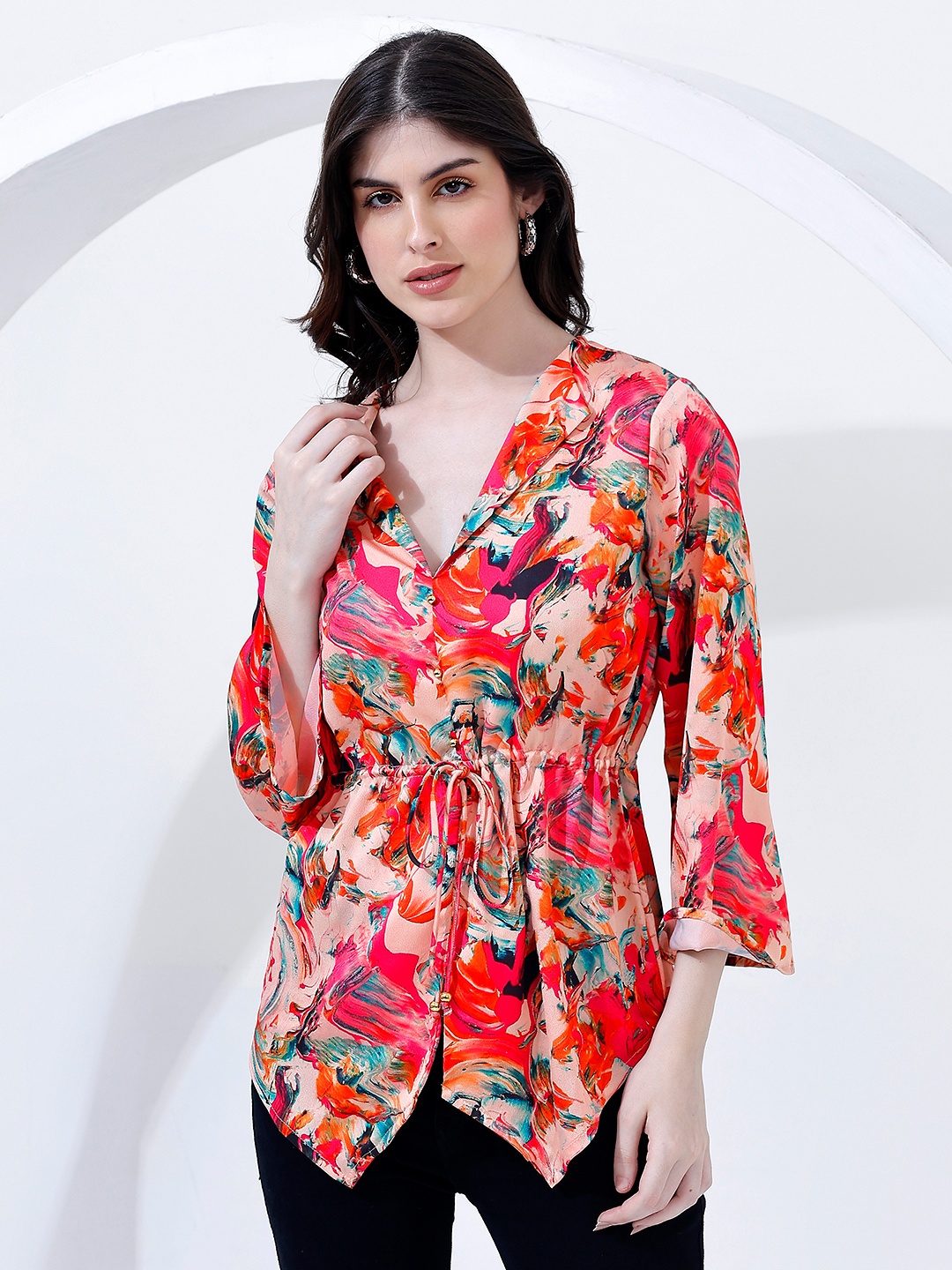 

Justin Whyte Abstract Printed Shirt Collar Satin Top, Pink