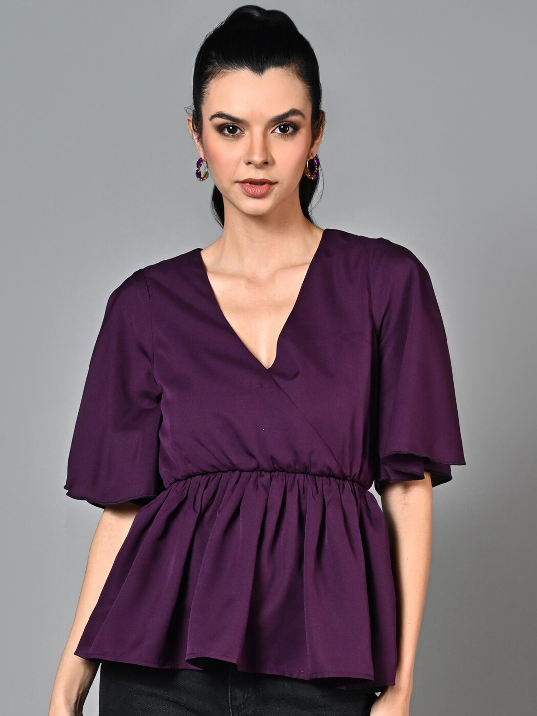 

Justin Whyte Flutter Sleeve Crepe Peplum Top, Purple