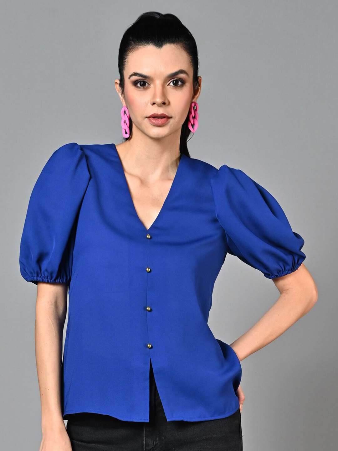 

Justin Whyte V-Neck Puff Sleeve Crepe Top, Blue