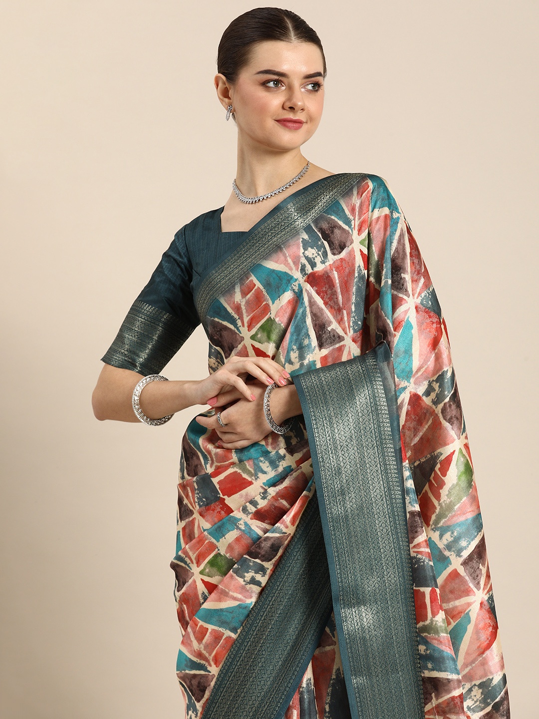 

LOOKNBOOK ART Abstract Printed Zari Saree, Teal