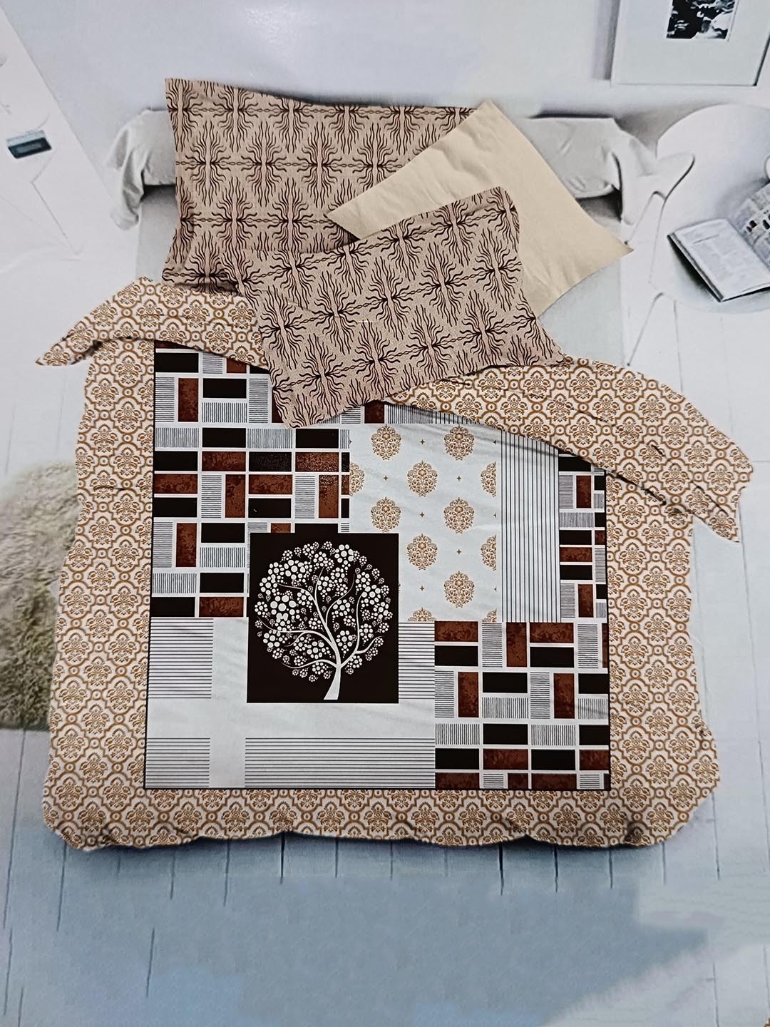 

Signature 4 Pcs Beige & Brown Ethnic Motifs Cotton Double Queen Bedding Set