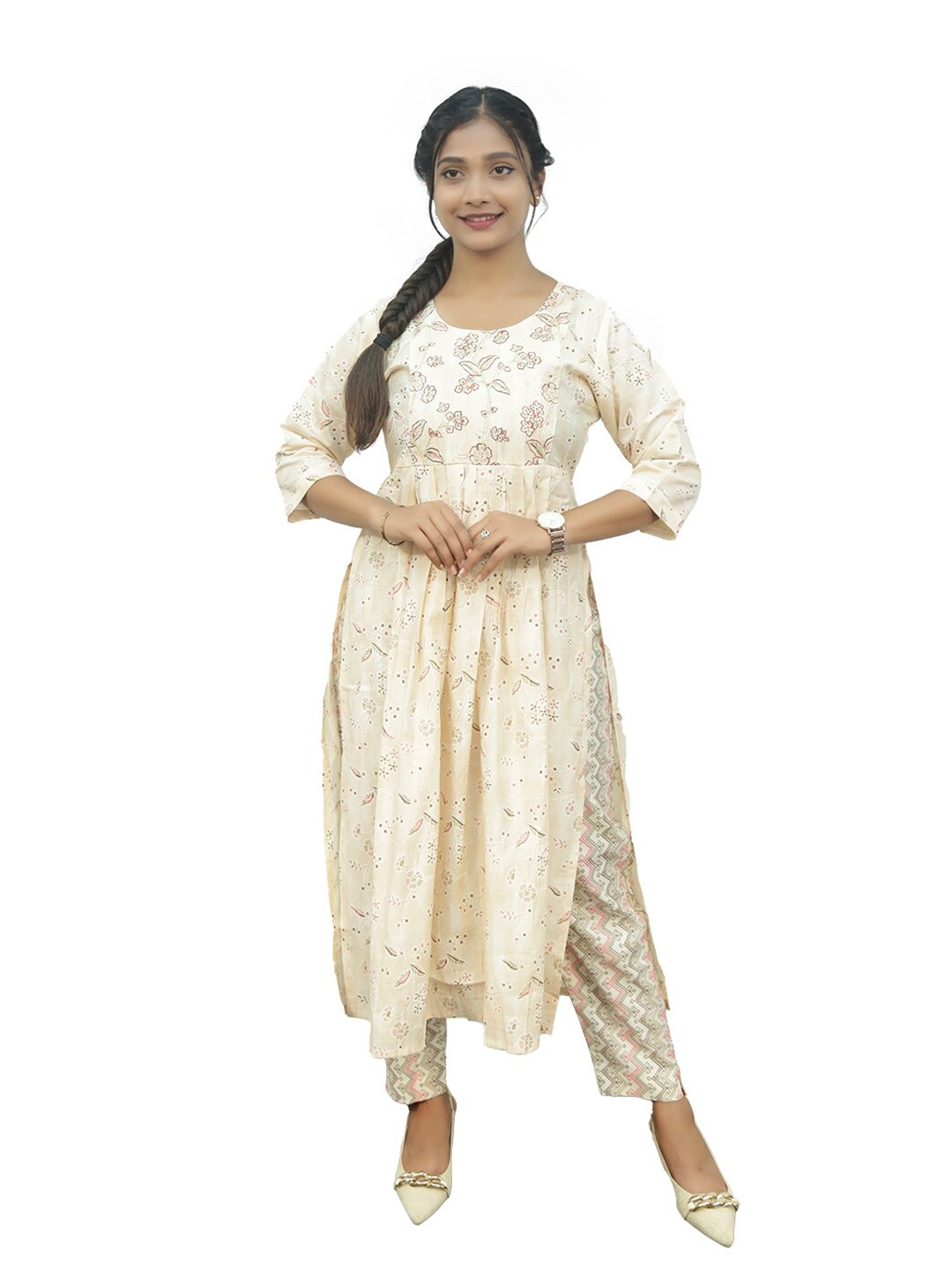 

PUSHKARA Printed Pure Cotton Flared Sleeves Kurta, Cream