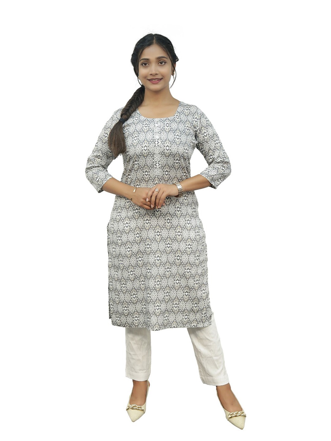 

PUSHKARA Printed Pure Cotton Flared Sleeves Kurta, Grey