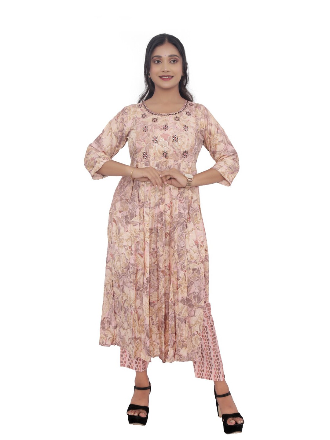 

PUSHKARA Printed Pure Cotton Flared Sleeves Kurta, Peach