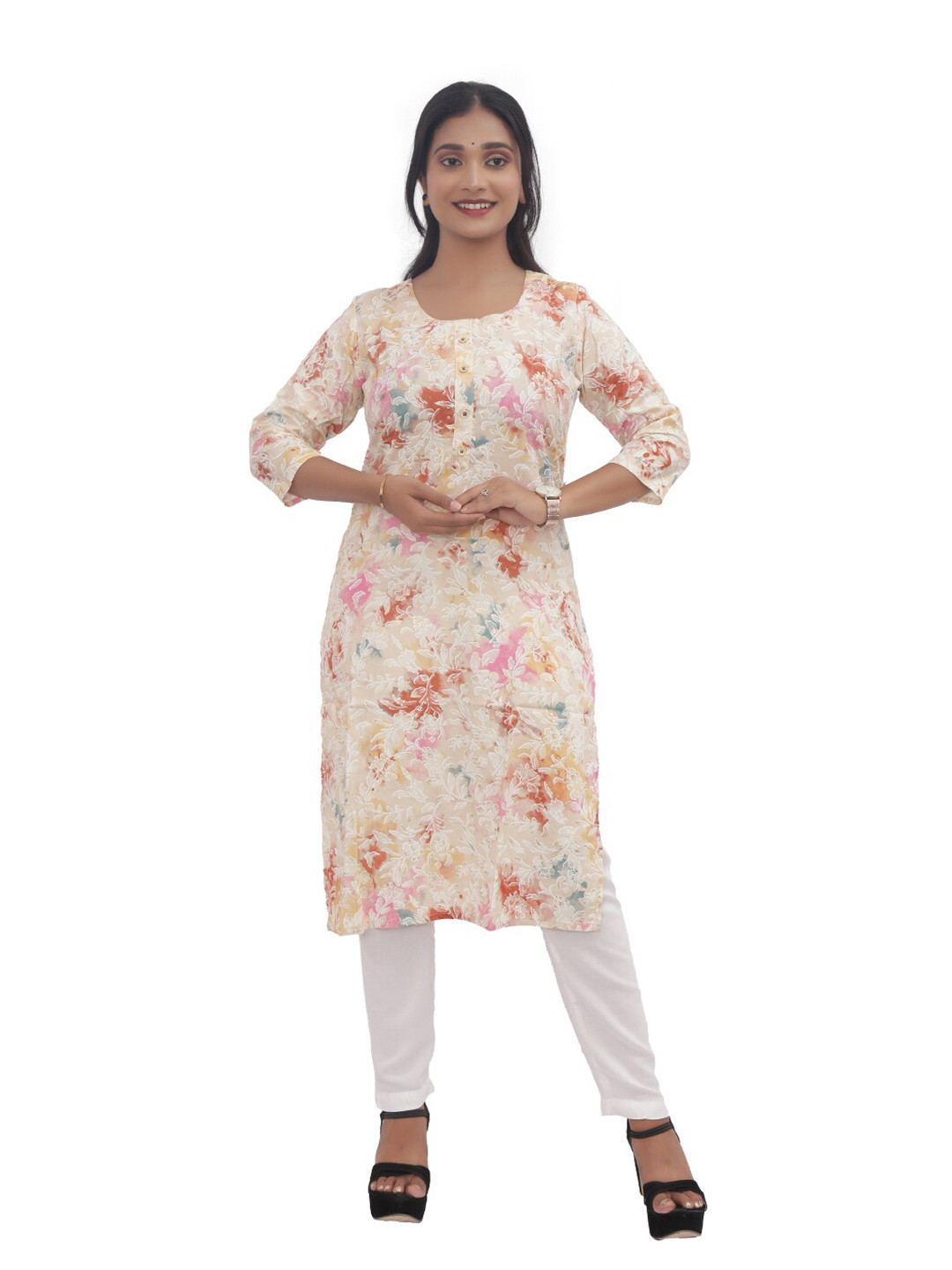 

PUSHKARA Printed Pure Cotton Flared Sleeves Kurta, Beige