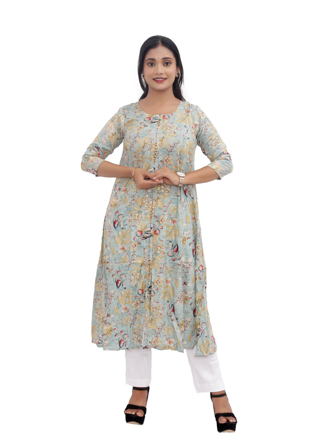 

PUSHKARA Printed Pure Cotton Flared Sleeves Kurta, Green