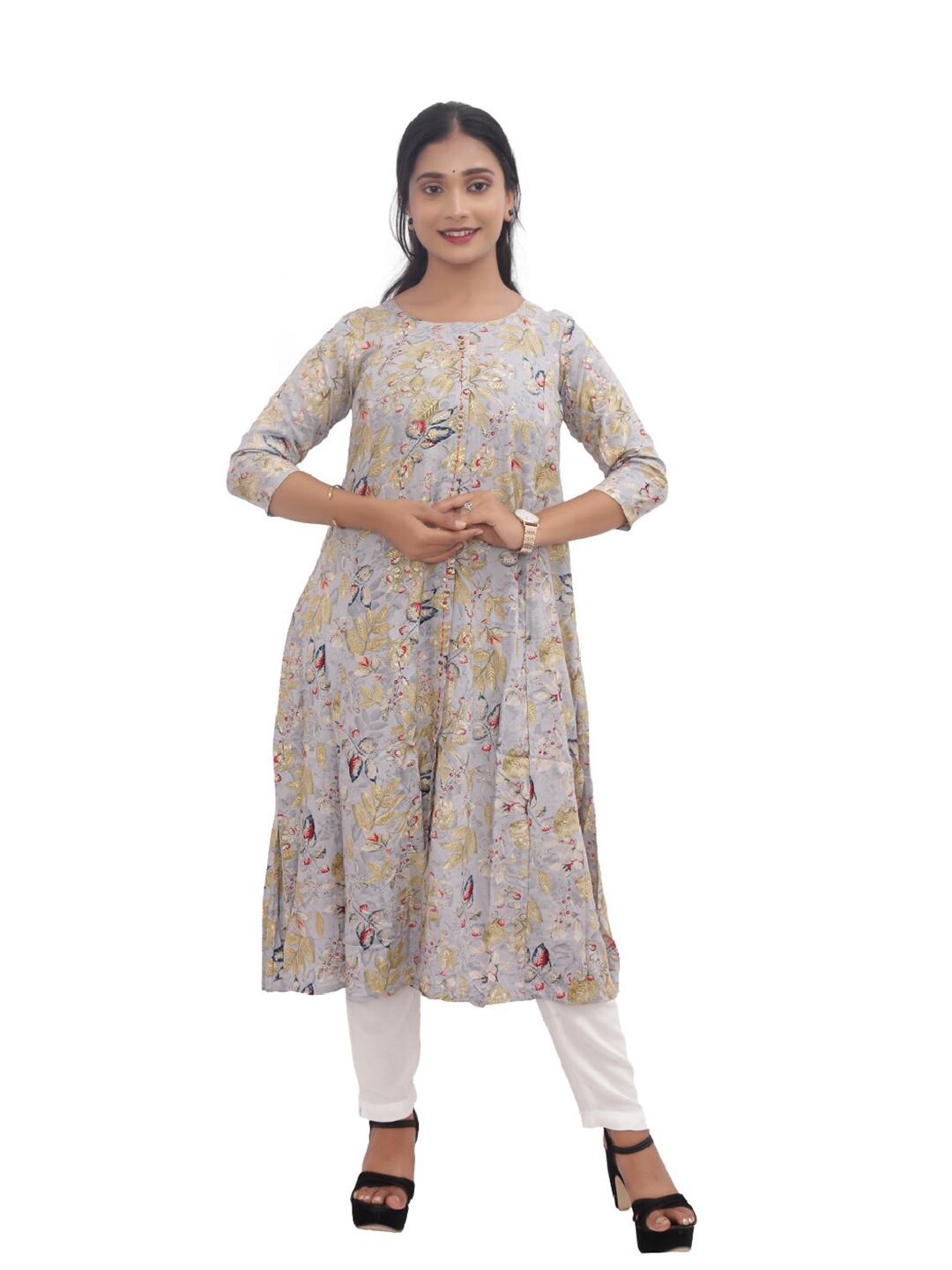 

PUSHKARA Printed Pure Cotton Flared Sleeves Kurta, Grey