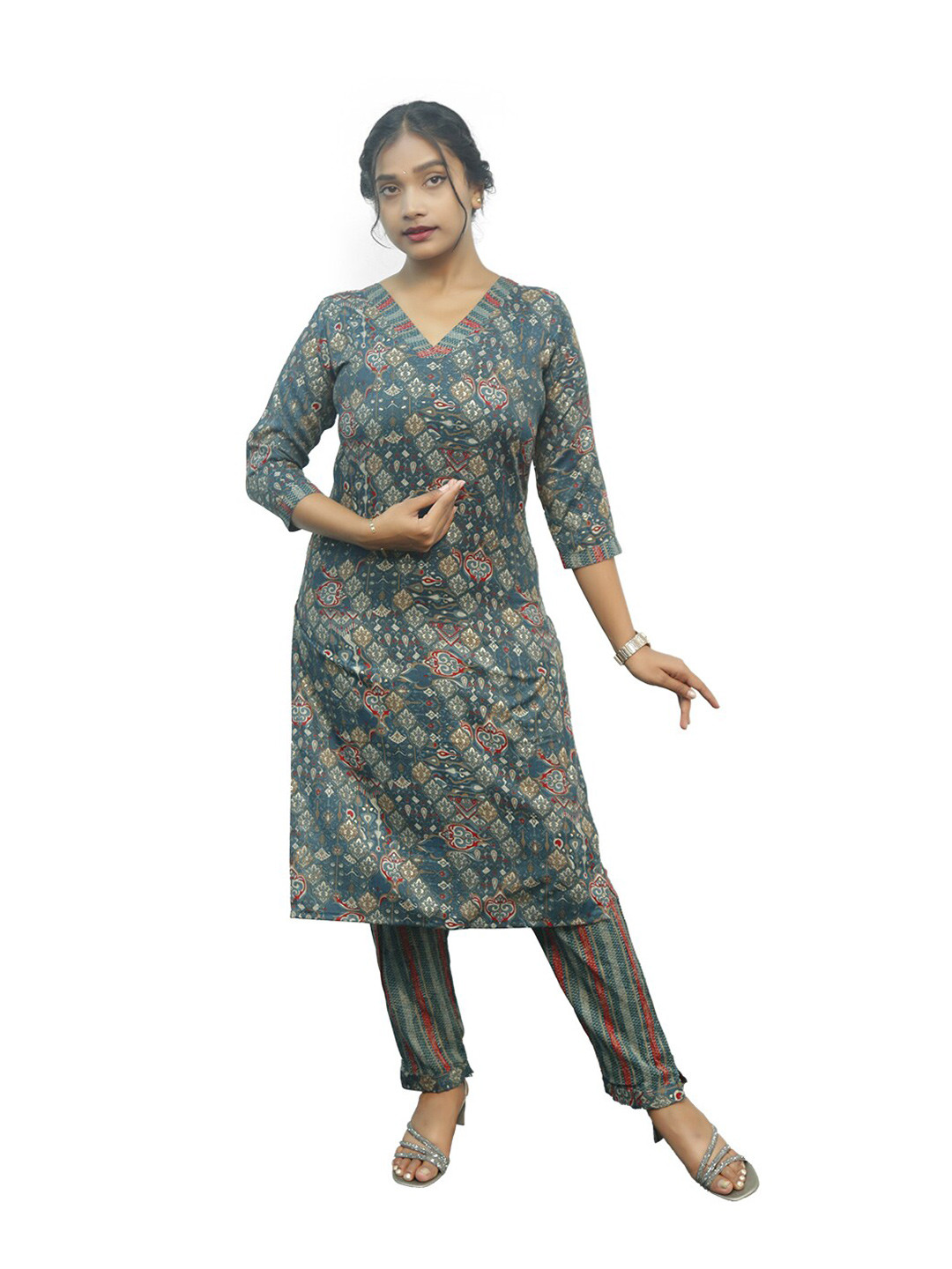 

PUSHKARA Printed Pure Cotton Flared Sleeves Kurta, Teal