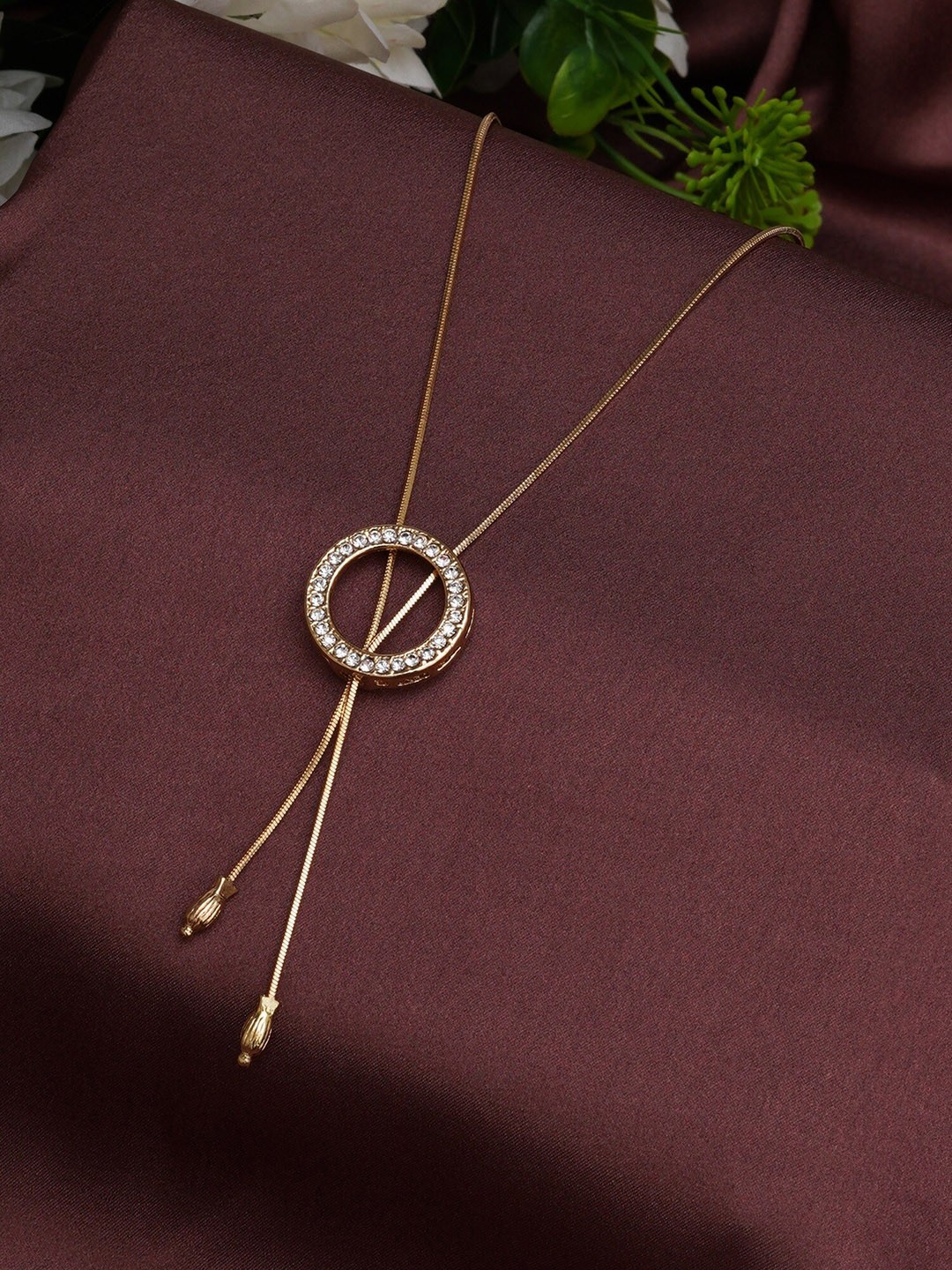 

Mali Fionna Gold-Plated CZ-Stone Studded Circular-Shape Pendant With Chain