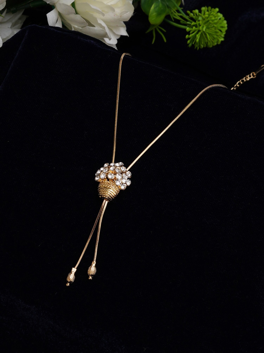 

Mali Fionna Gold-Plated CZ-Stone Studded Floral-Shape Pendant With Chain