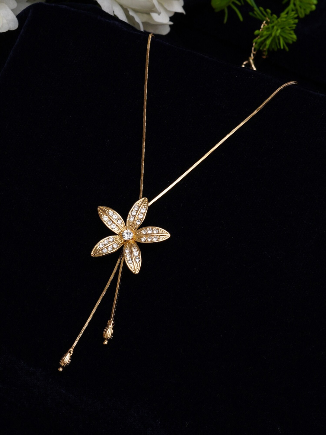 

Mali Fionna Gold-Plated CZ-Stone Studded Floral-Shape Pendant With Chain