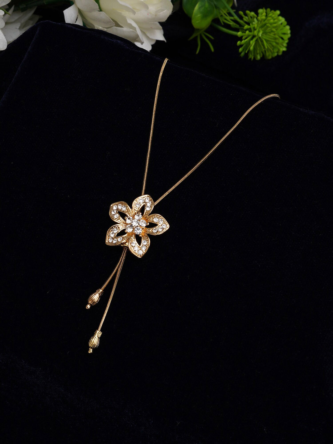 

Mali Fionna Gold-Plated CZ-Stone Studded Flower-Shape Pendant With Chain