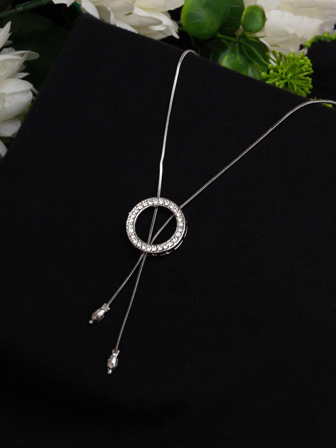 

Mali Fionna Silver-Plated CZ-Stone Studded Circular-Shape Pendant With Chain