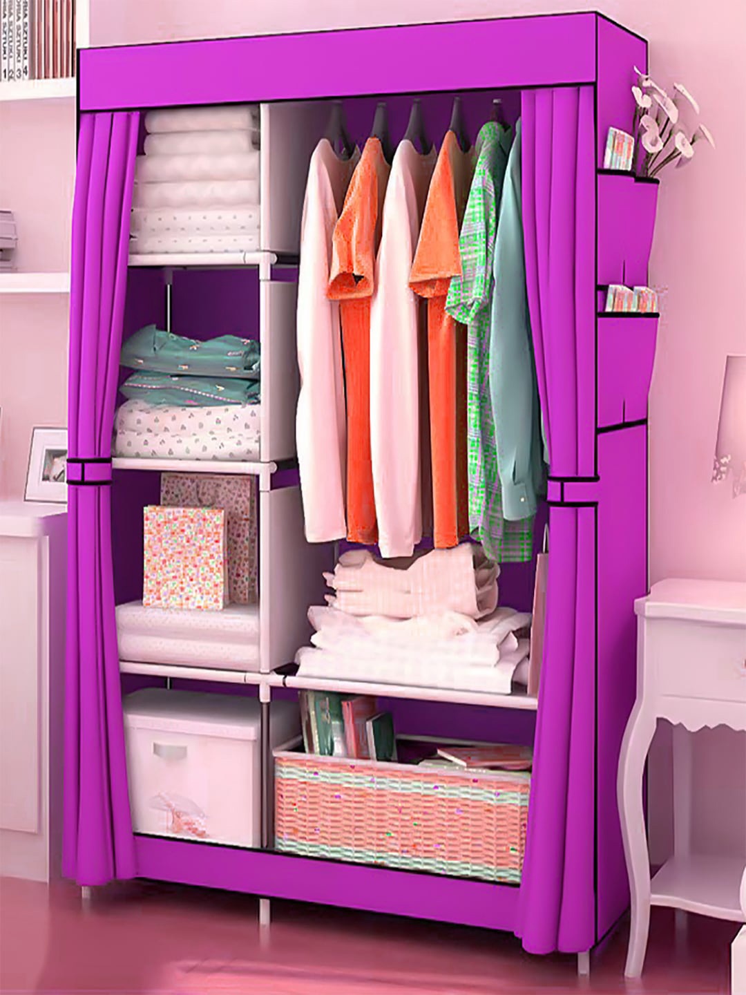 

Kuber Industries Purple Foldable 2 Door Portable 6 Shelves Wardrobe Organisers