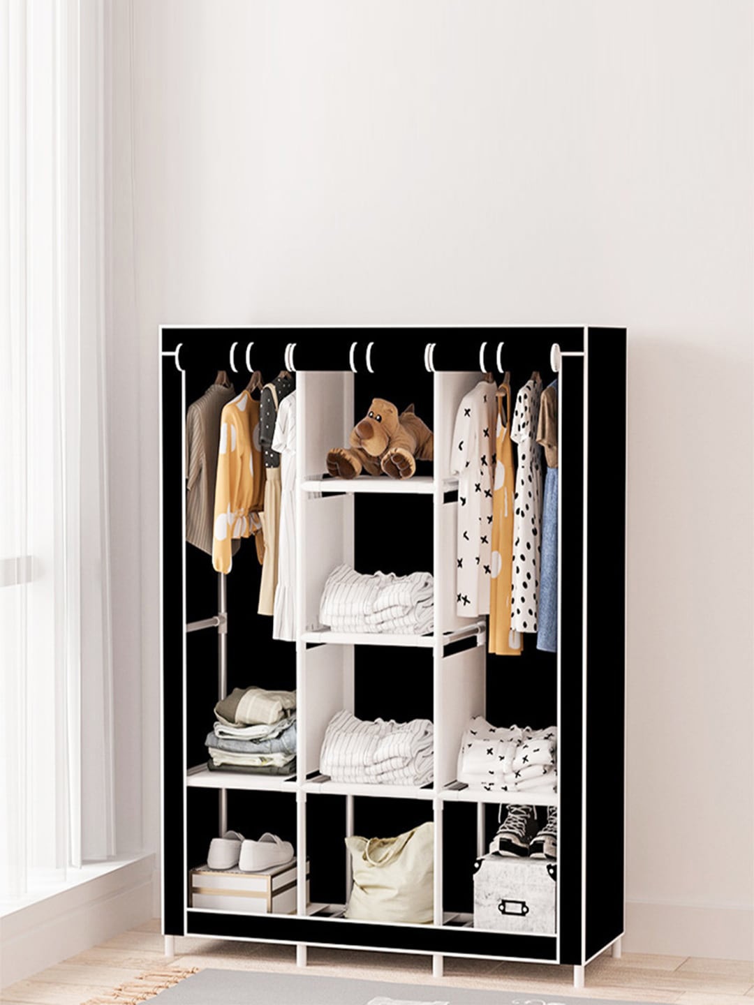 

Kuber Industries Black Foldable 6 Shelves Wardrobe Organiser