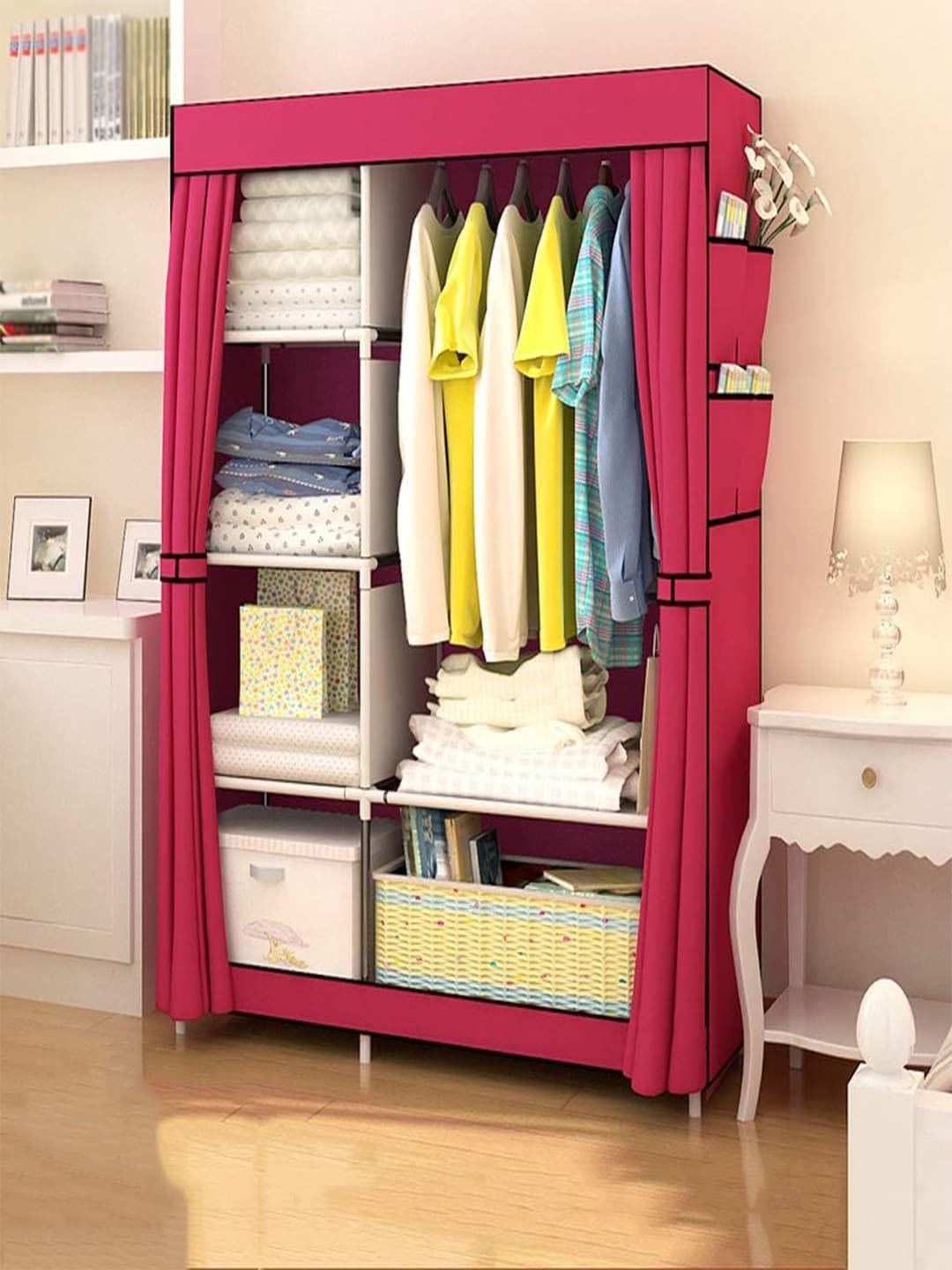

Kuber Industries Maroon Foldable 2 Door Portable 6 Shelves Wardrobe Organisers