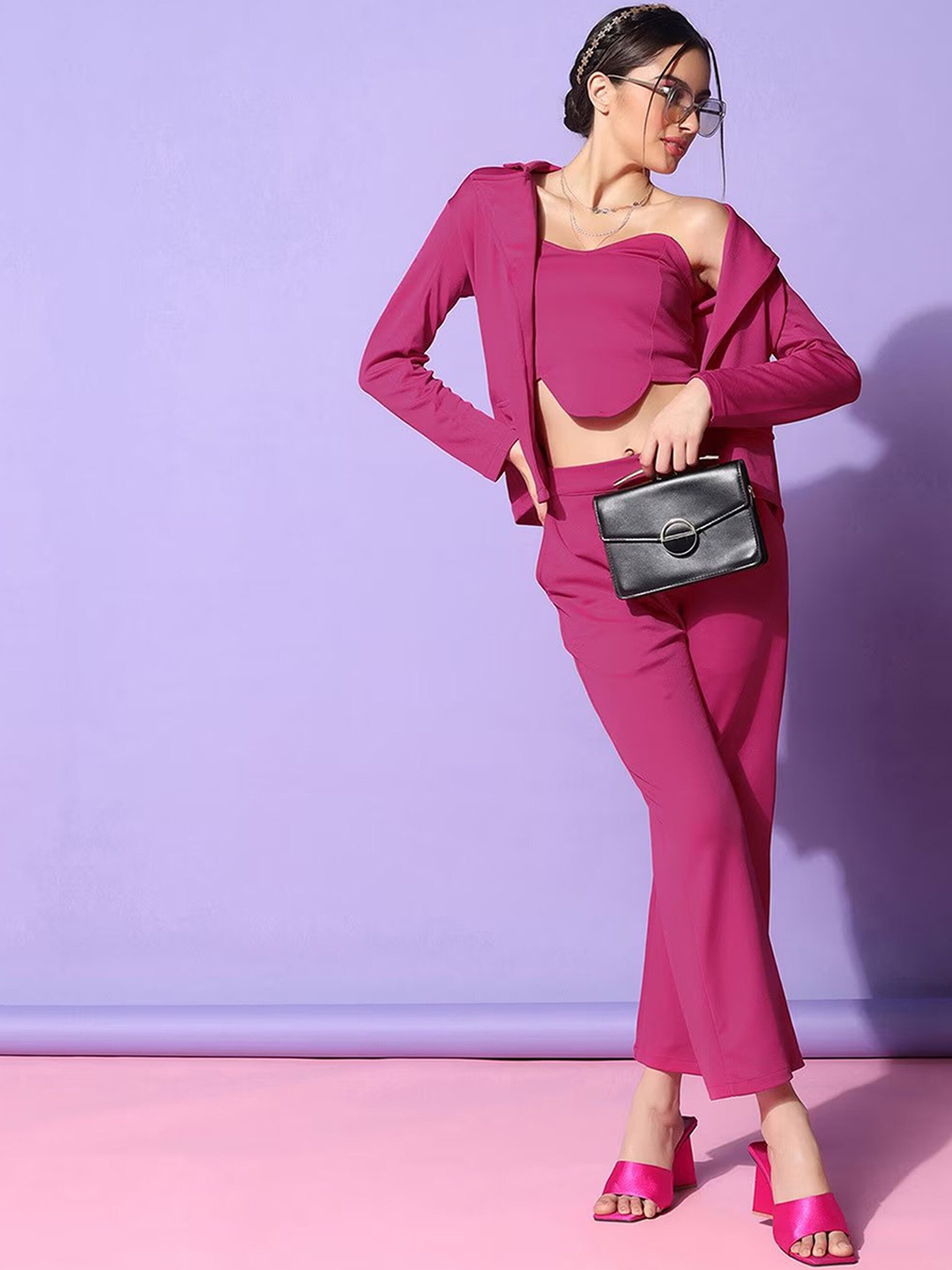 

N N ENTERPRISE Square Neck Crop Top Trousers With Jacket Co-Ords Set, Pink