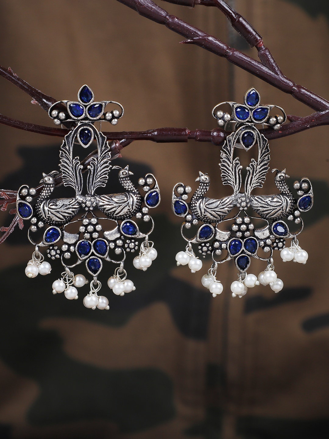 

FIROZA Peacock Shaped Drop Earrings, Silver