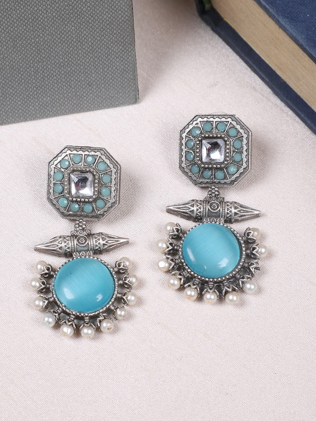 

FIROZA Firoza Sawariya Artificial Stones-Studded Geometric Oxidised Drop Earrings, Silver