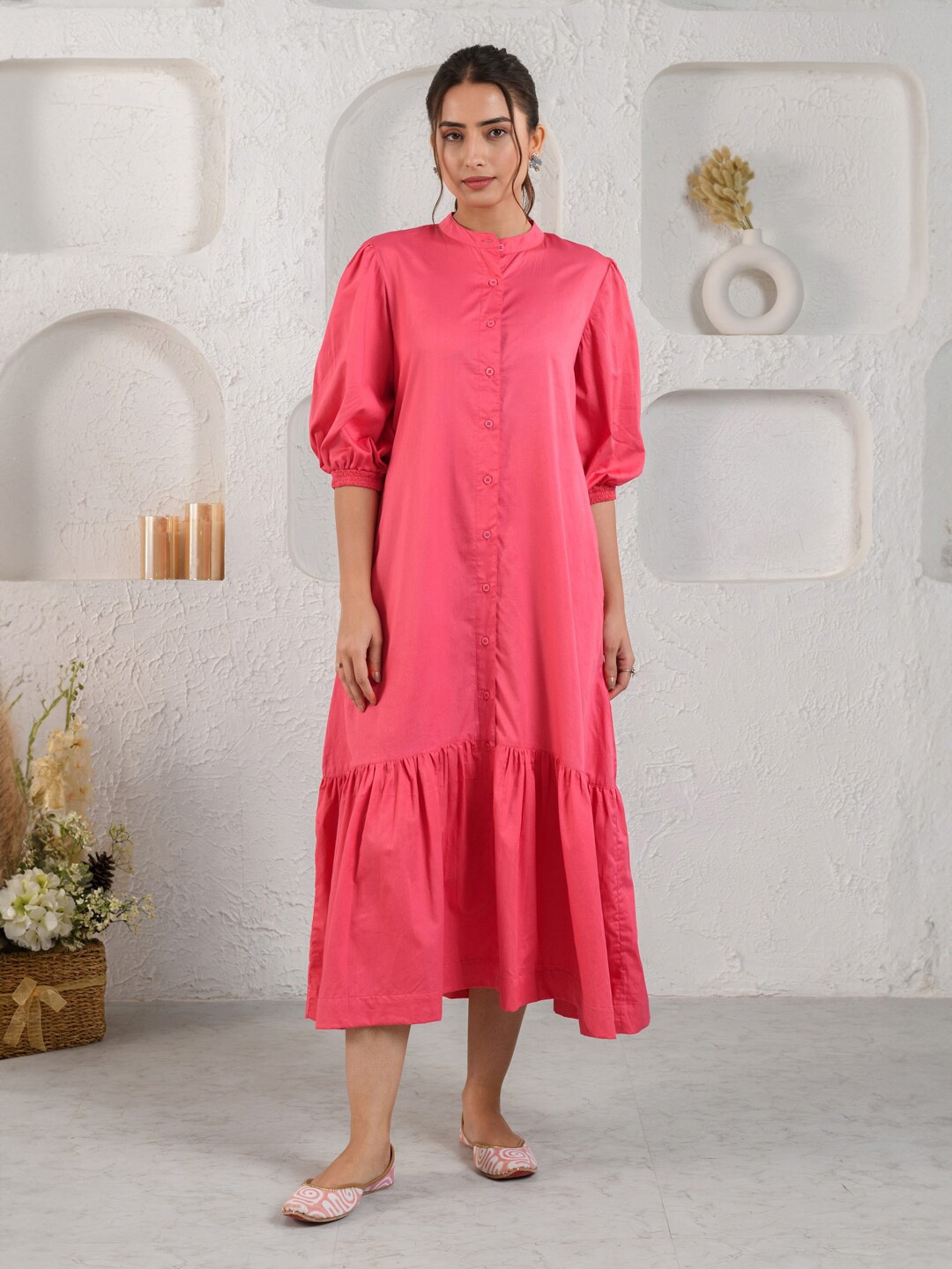 

Prakriti Jaipur Band Collar Puff Sleeves Cotton A-Line Midi Dress, Pink