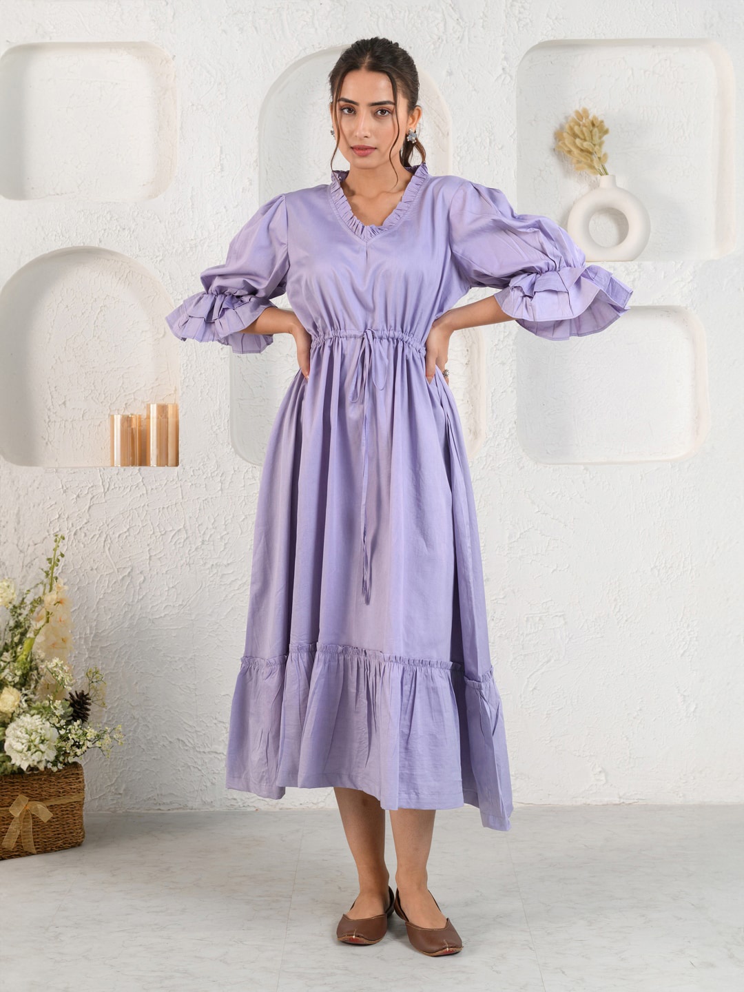 

Prakriti Jaipur V-Neck Puff Sleeves Gathered Cotton Fit & Flare Midi Dress, Lavender