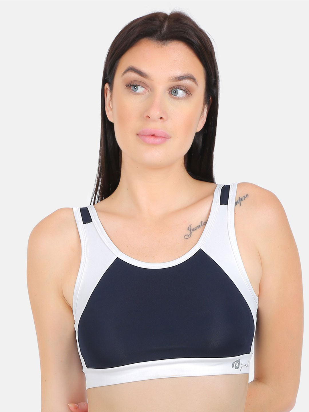 

N-Gal Colourblocked Anti Odour Dry Fit Full Coverage Workout Bra with All Day Comfort, Navy blue
