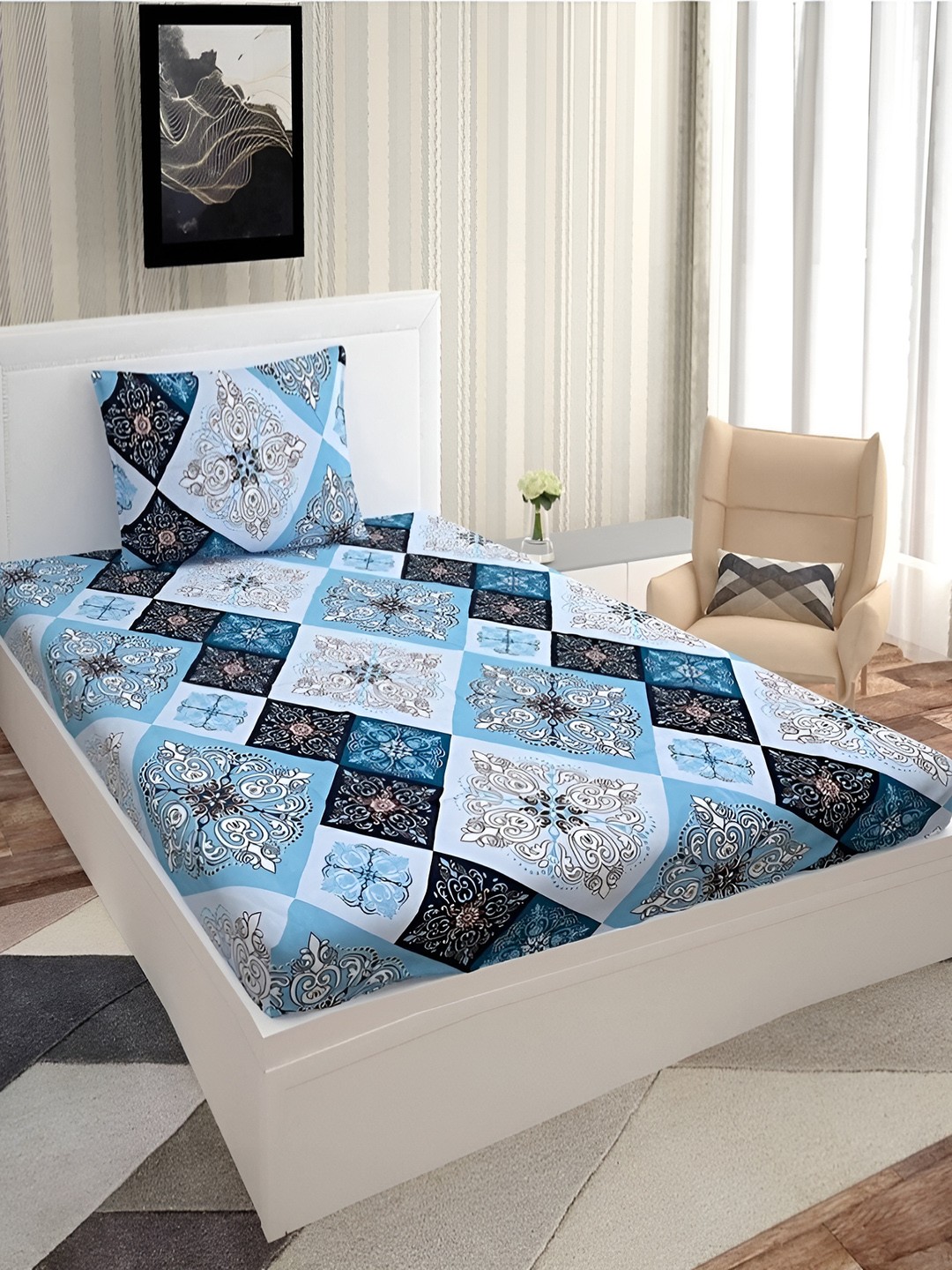 

DECOR VATIKA Blue Ethnic Motifs 144 TC Single Fitted Bedsheet with Pillow Cover