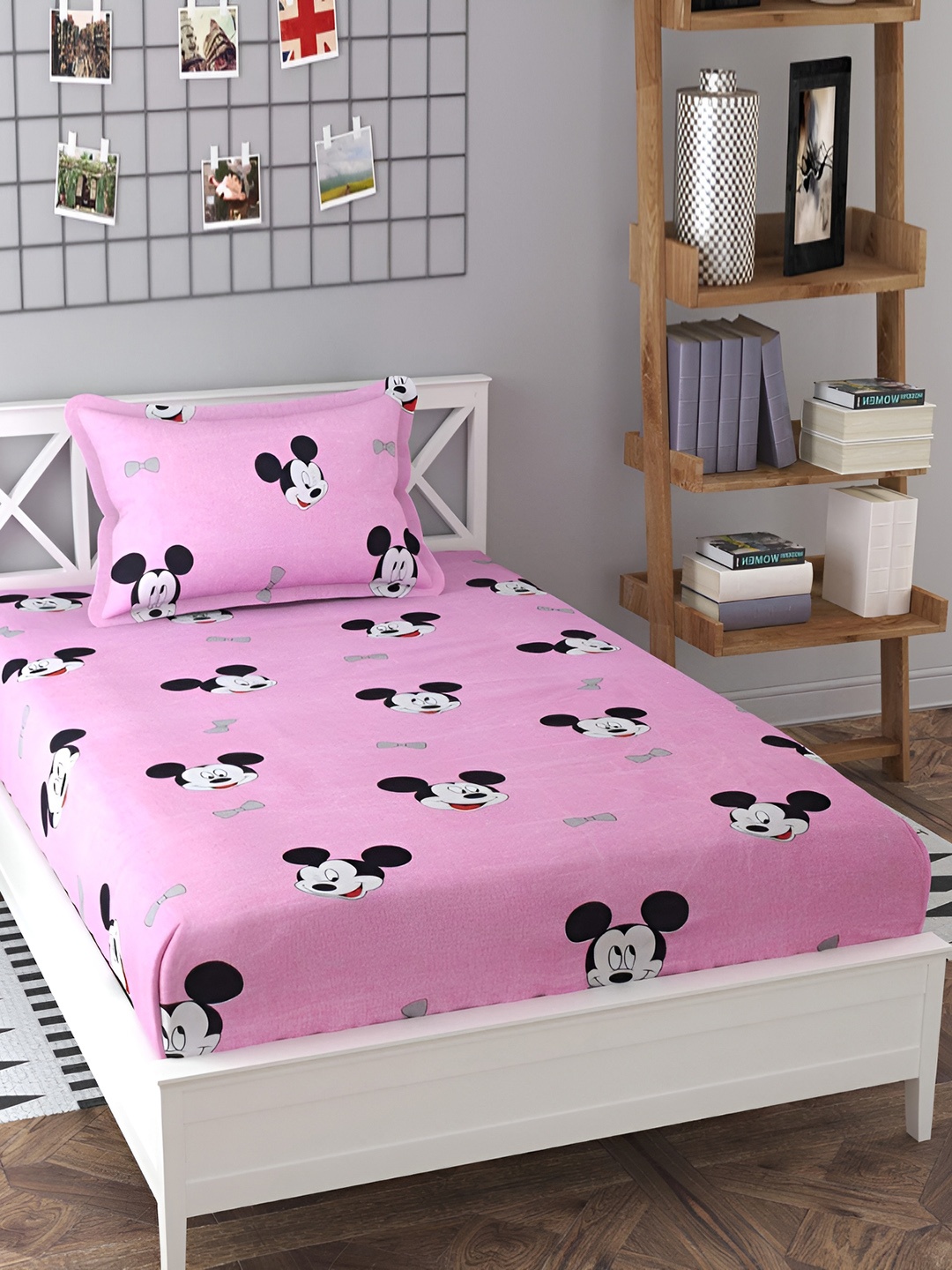 

DECOR VATIKA Pink Cartoon Characters 144 TC Single Fitted Bedsheet with Pillow Cover