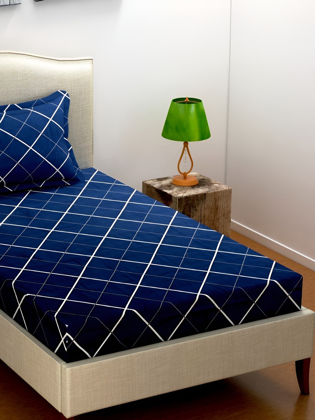 

DECOR VATIKA Blue Geometric 144 TC Single Fitted Bedsheet with Pillow Cover