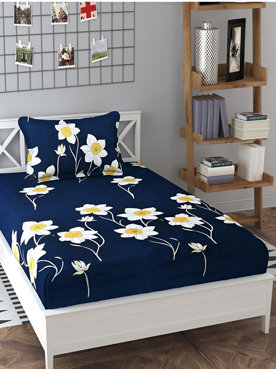 

DECOR VATIKA Blue Floral 144 TC Single Fitted Bedsheet with Pillow Cover