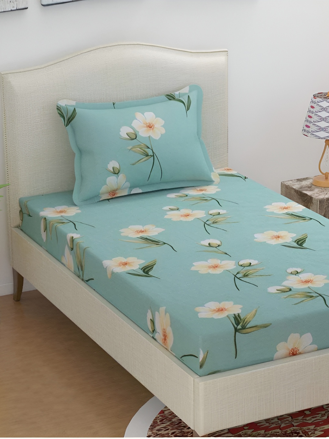 DECOR VATIKA Green Floral 144 TC Single Fitted Bedsheet with Pillow Cover