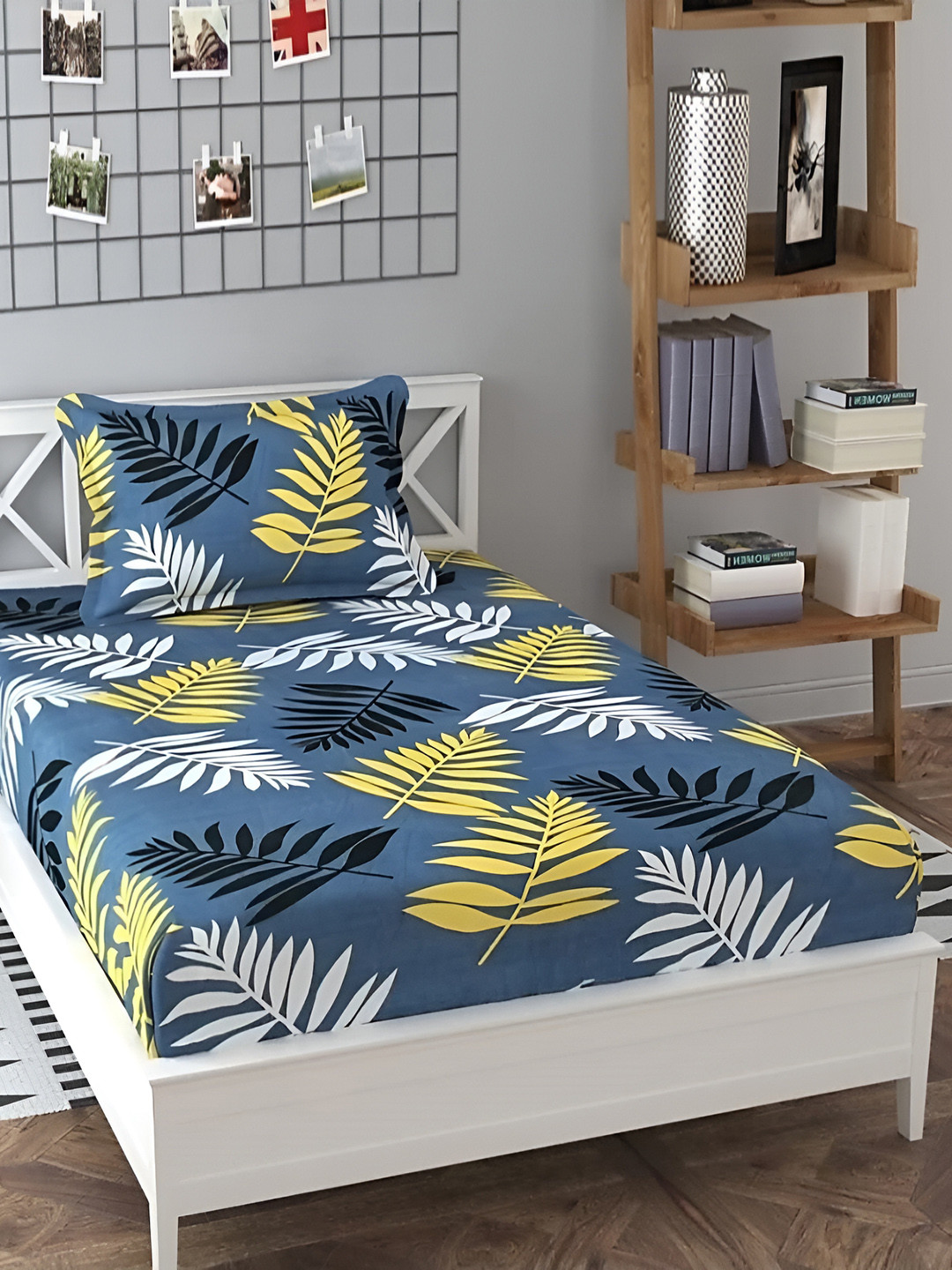 

DECOR VATIKA Blue & Yellow Floral 144 TC Single Fitted Bedsheet with Pillow Cover