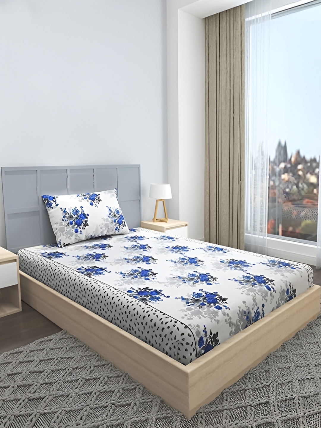 

DECOR VATIKA White Floral 144 TC Single Fitted Bedsheet with Pillow Cover