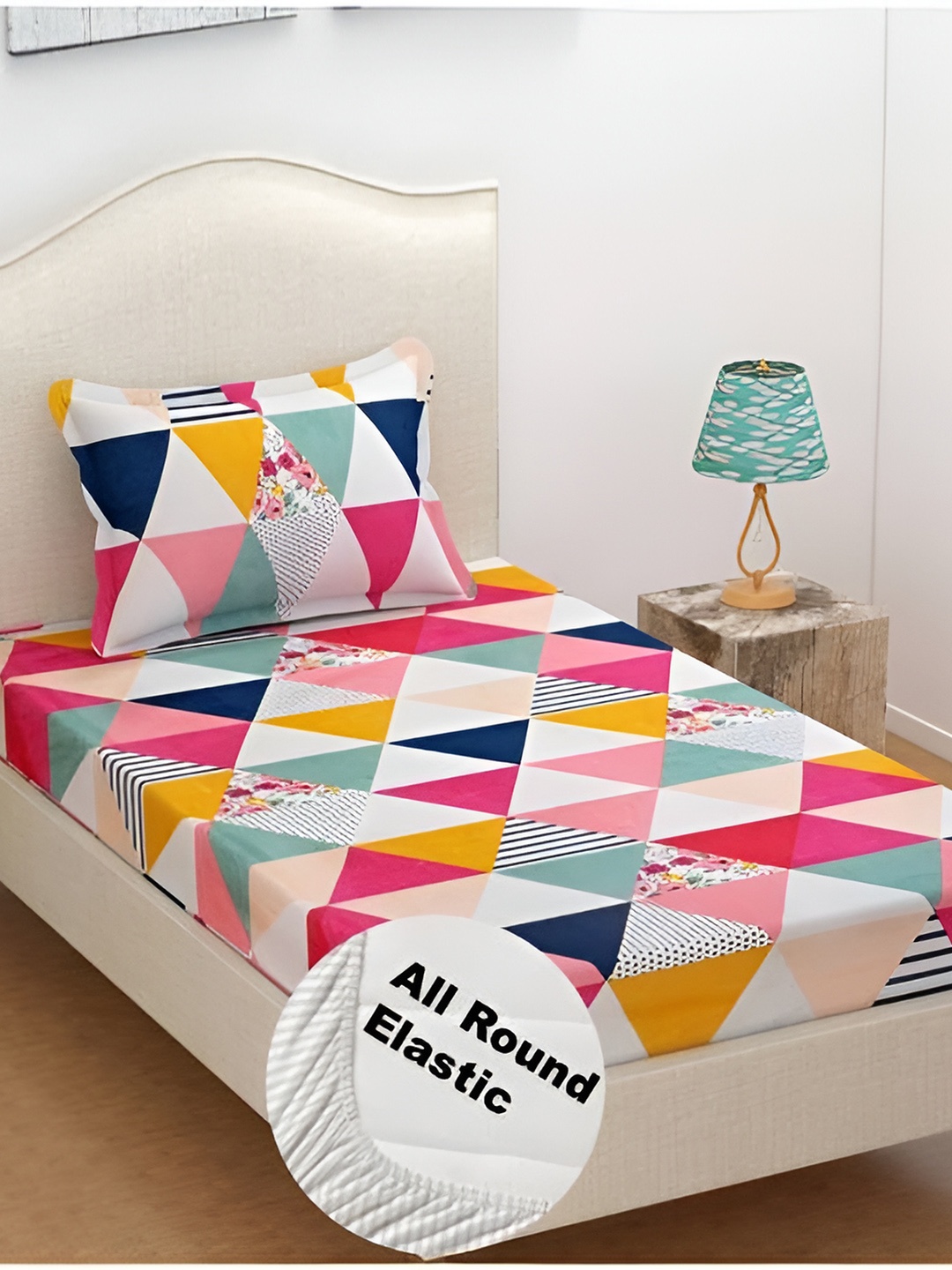 DECOR VATIKA White & Pink Geometric 144 TC Single Fitted Bedsheet with Pillow Cover